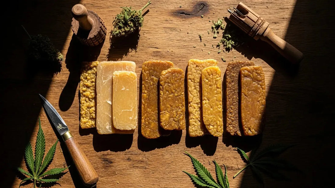 Cinematic view of artisanal hash slabs on rustic table with tools, sunlight highlighting texture, color, and heritage | Hurcann