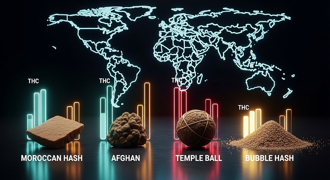 Global showcase of premium hash varieties highlighting differences in potency, texture, and origin.