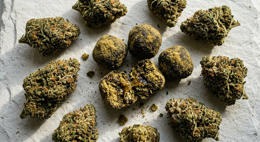 best flower for THCA moon rocks dense kief-coated hemp buds flat lay 2026