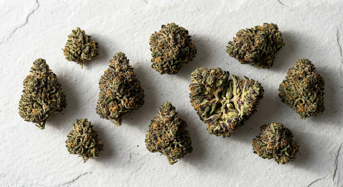 best indica for anxiety dense THCA hemp flower buds flat lay Hurcann 2026