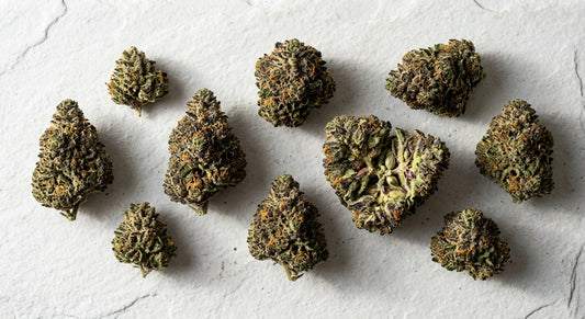 best indica for anxiety dense THCA hemp flower buds flat lay Hurcann 2026
