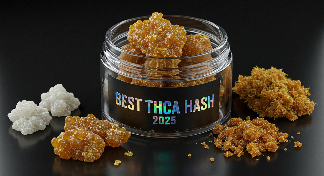 A futuristic glass jar of THCA hash rocks surrounded by CBD diamonds, rosin, and bubble hash, glowing on a dark reflective surface labeled “Best THCA Hash 2025”