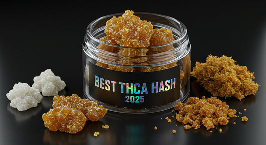 A futuristic glass jar of THCA hash rocks surrounded by CBD diamonds, rosin, and bubble hash, glowing on a dark reflective surface labeled “Best THCA Hash 2025”