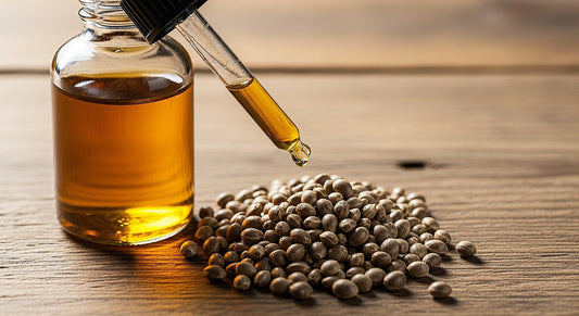 A bottle of hemp oil with a dropper next to fresh hemp seeds on a wooden surface.