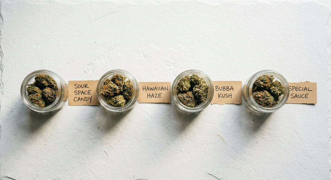 boutique deli hemp flower display glass jars labeled strains premium CBD buds Hurcann