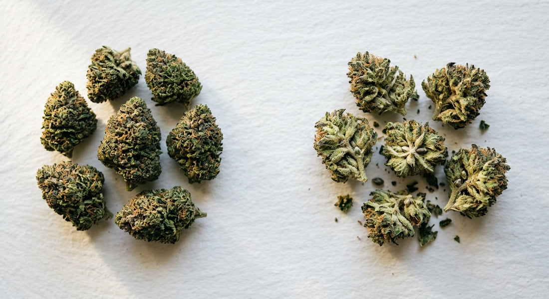 broad vs full spectrum CBD hemp flower buds comparison on white surface Hurcann