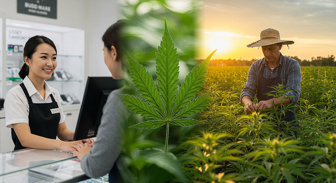 A dual scene of a budtender assisting a customer in a dispensary and a farmer tending hemp plants, united by a central cannabis leaf.
