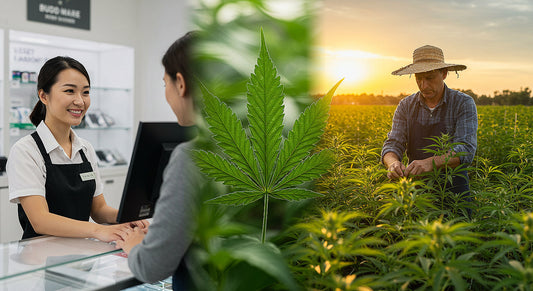 A dual scene of a budtender assisting a customer in a dispensary and a farmer tending hemp plants, united by a central cannabis leaf.