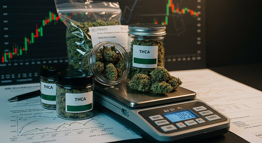 Bulk THCA flower jars and bags on a scale with pricing charts and compliance documents behind them.