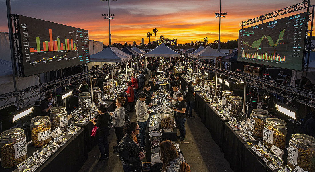 A dynamic aerial view of a bustling cannabis market with vendors showcasing THCA hash in elegant glass jars, customers browsing, and digital screens displaying global market growth stats, set against a vibrant sunset sky.