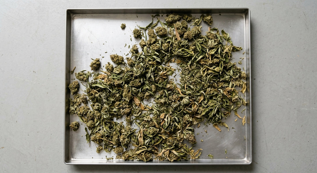 buy hemp biomass bulk dried CBD trim and buds on steel tray wholesale Hurcann
