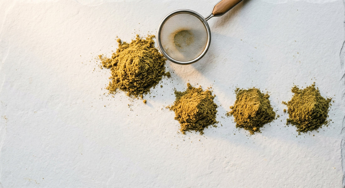 buy kief online golden CBD hemp kief powder mounds on white surface Hurcann