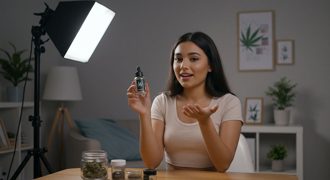 A social media influencer records a professional cannabis product review in a home studio.