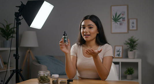 A social media influencer records a professional cannabis product review in a home studio.