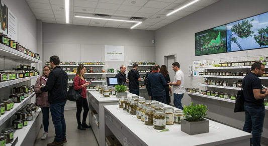 Modern cannabis shop showcasing hemp hash retail shelves and global trends.