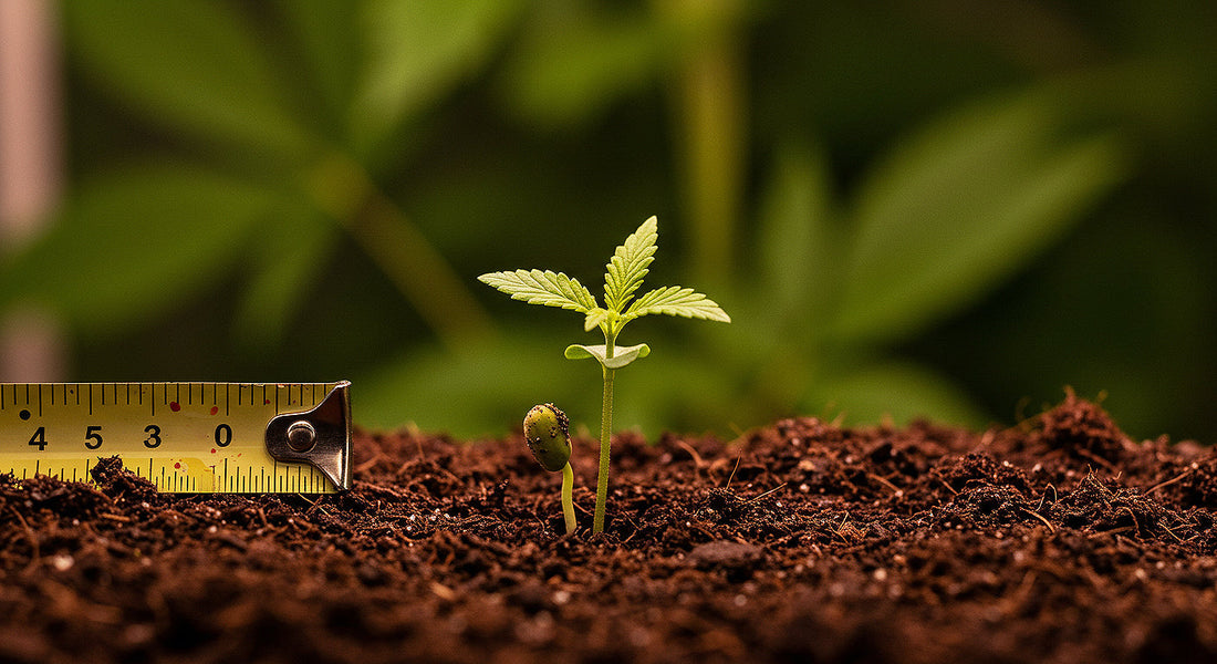 A cannabis seedling emerges from soil with a measuring tape showing 1/4 inch depth, surrounded by hemp leaves and grow lights against a vibrant green backdrop.