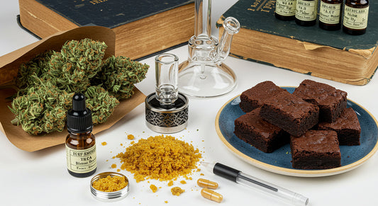 Flat lay showing THCA hash products, cannabis flower, edibles, tinctures, and U.S. cannabis law guide.