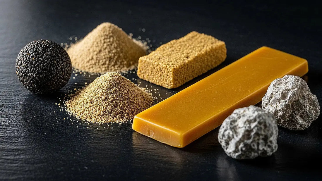 A diverse lineup of cannabis concentrates on a dark stone surface, from traditional dark temple ball hash and lighter regular hash to a crystalline moon rock | Hurcann