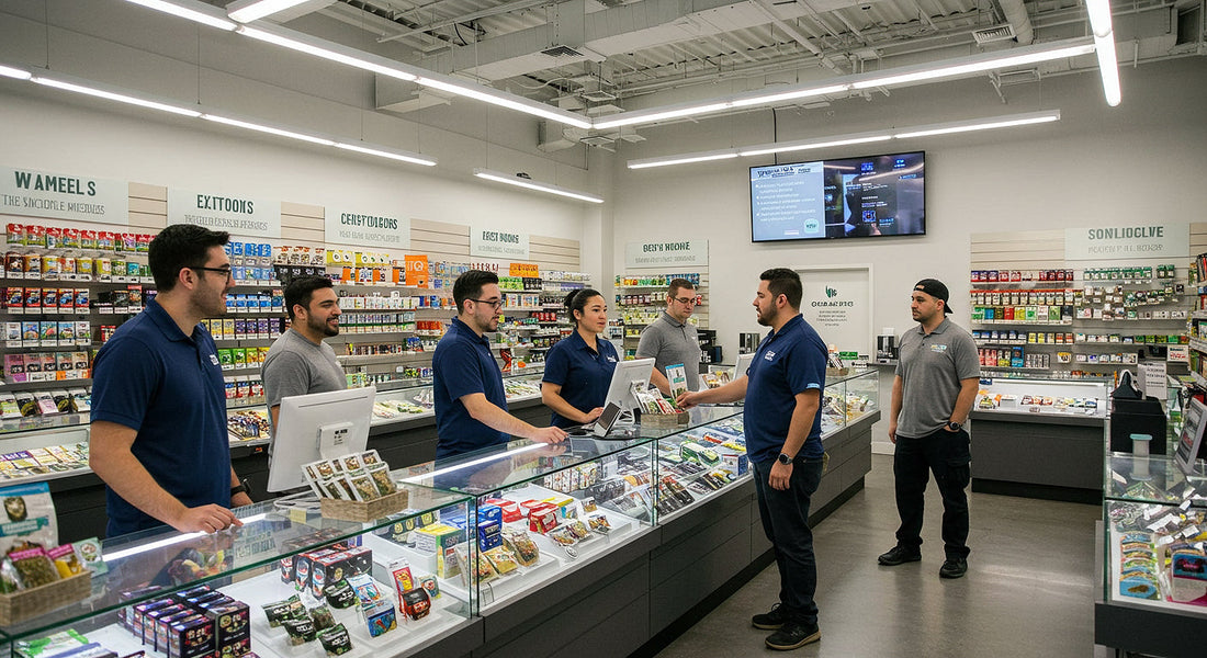 Customers engage with staff in a bustling cannabis dispensary, with unique products and a digital sign showcasing testimonials in a bright atmosphere.