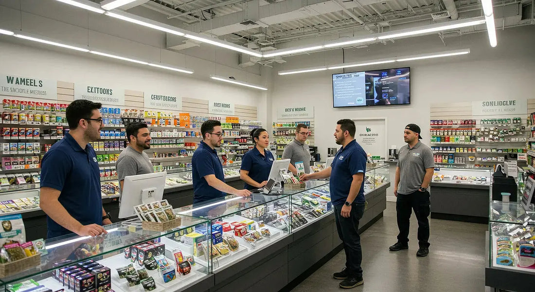 Customers engage with staff in a bustling cannabis dispensary, with unique products and a digital sign showcasing testimonials in a bright atmosphere.