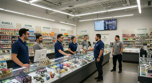 Customers engage with staff in a bustling cannabis dispensary, with unique products and a digital sign showcasing testimonials in a bright atmosphere.