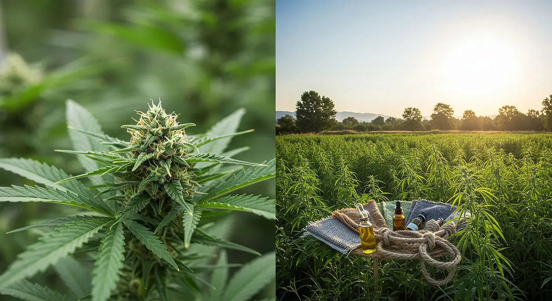 A split image of a marijuana plant with buds and a hemp field, overlaid with hemp products like textiles and oils, showcasing cannabis diversity.