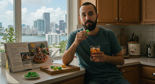 A person enjoys cannabis edibles like brownies and gummies in a cozy kitchen, with a recipe book and Miami skyline visible through the window.