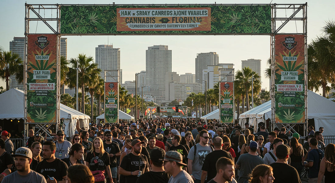 The entrance to a major cannabis event in Florida, featuring banners, a large crowd, and the city skyline as a backdrop.