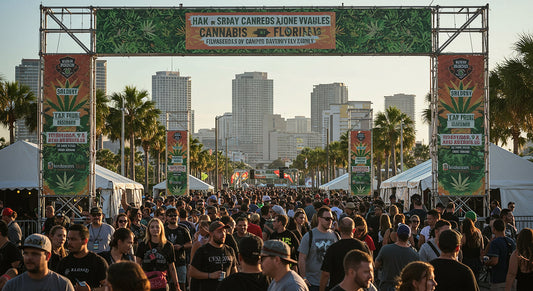 The entrance to a major cannabis event in Florida, featuring banners, a large crowd, and the city skyline as a backdrop.