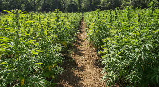 A thriving cannabis farm with Indica and Sativa plants growing under bright sunlight, set against a lush green backdrop.