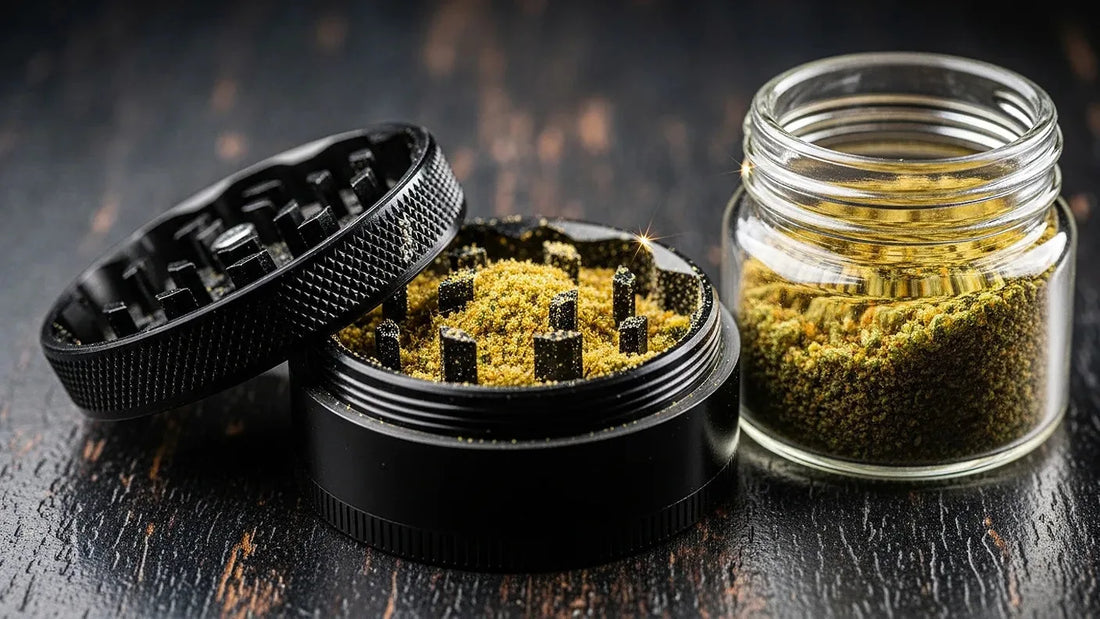 Cannabis grinder filled with golden kief beside an airtight storage jar representing kief collection and preservation | Hurcann