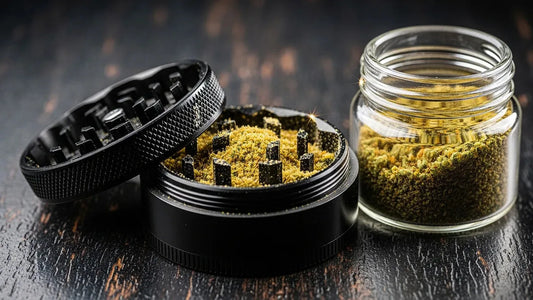 Cannabis grinder filled with golden kief beside an airtight storage jar representing kief collection and preservation | Hurcann