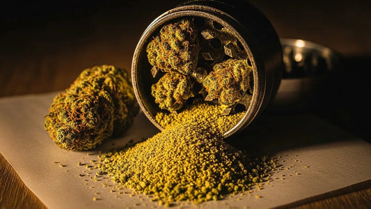 Cannabis grinder releasing golden kief powder representing the process of making kief at home | Hurcann