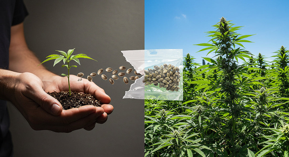 A split image of a grower with a cannabis seedling indoors and a thriving outdoor cannabis garden, linked by a seed packet.