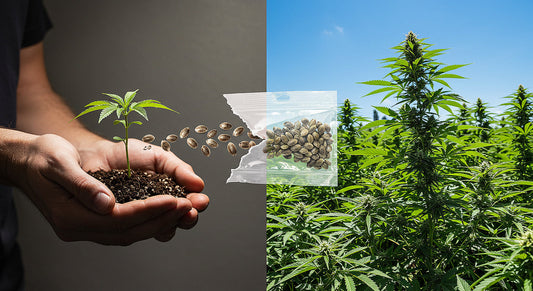 A split image of a grower with a cannabis seedling indoors and a thriving outdoor cannabis garden, linked by a seed packet.