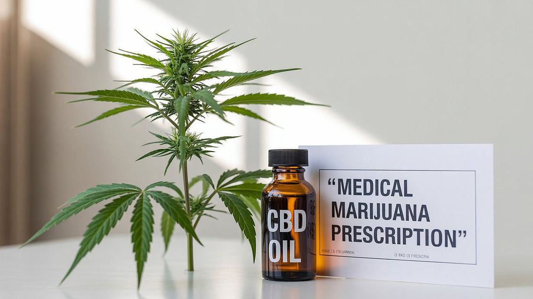 Cannabis Sativa plant, CBD oil bottle, and medical prescription card arranged on a white background, symbolizing medical marijuana’s therapeutic potential.