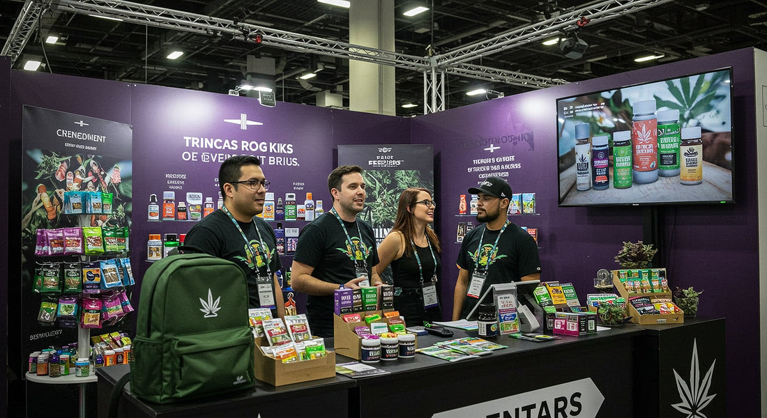 A bustling Hurcann trade show booth displays cannabis products, a branded backpack, and a promotional video, with staff engaging attendees.