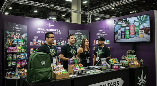 A bustling Hurcann trade show booth displays cannabis products, a branded backpack, and a promotional video, with staff engaging attendees.