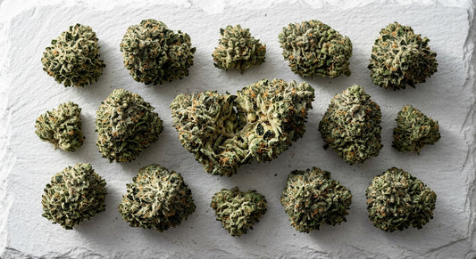 caps strain Ice Caps THCA hemp flower dense frosty buds flat lay Hurcann