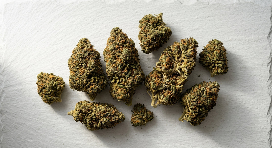 CBD American hemp flower buds flat lay showing quality cured domestic hemp 2026