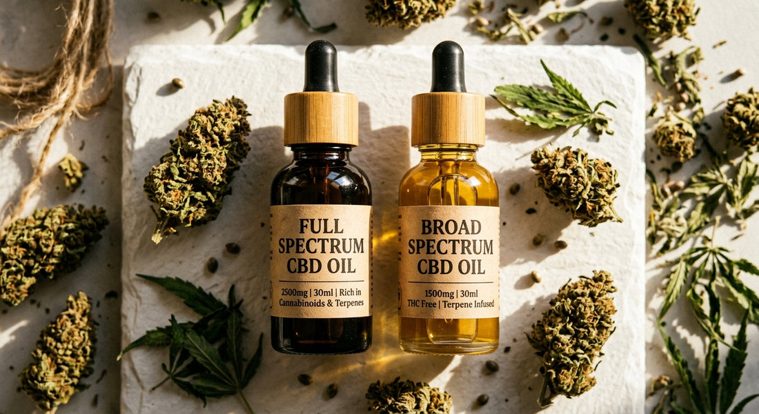 cbd broad vs full spectrum oil bottles comparison with hemp flower buds