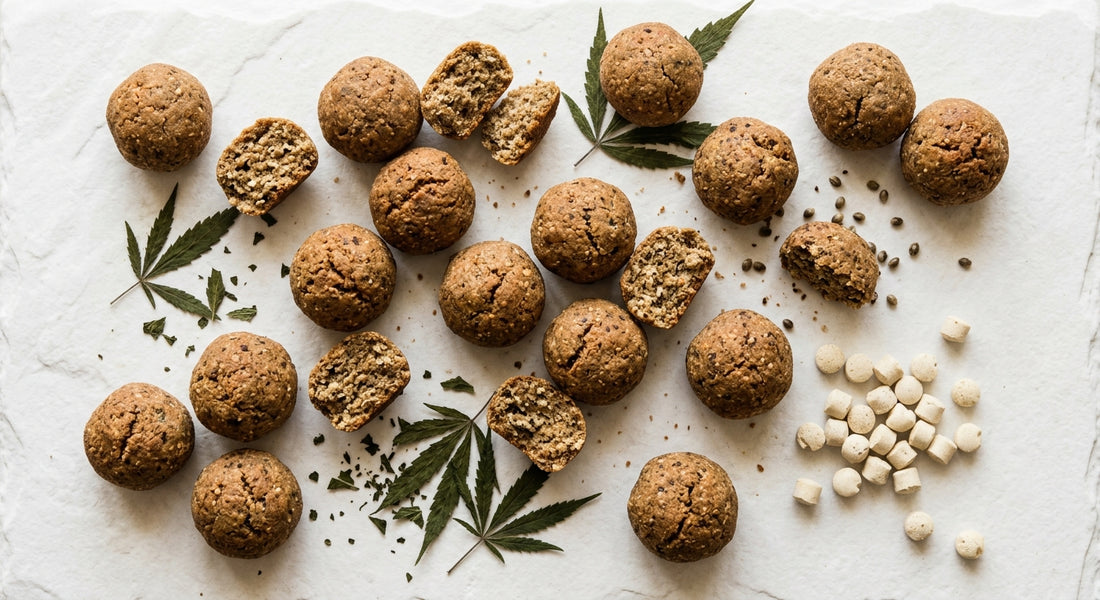 CBD dog treats for joints flat lay showing texture and ingredients on white surface