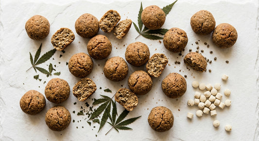 CBD dog treats for joints flat lay showing texture and ingredients on white surface