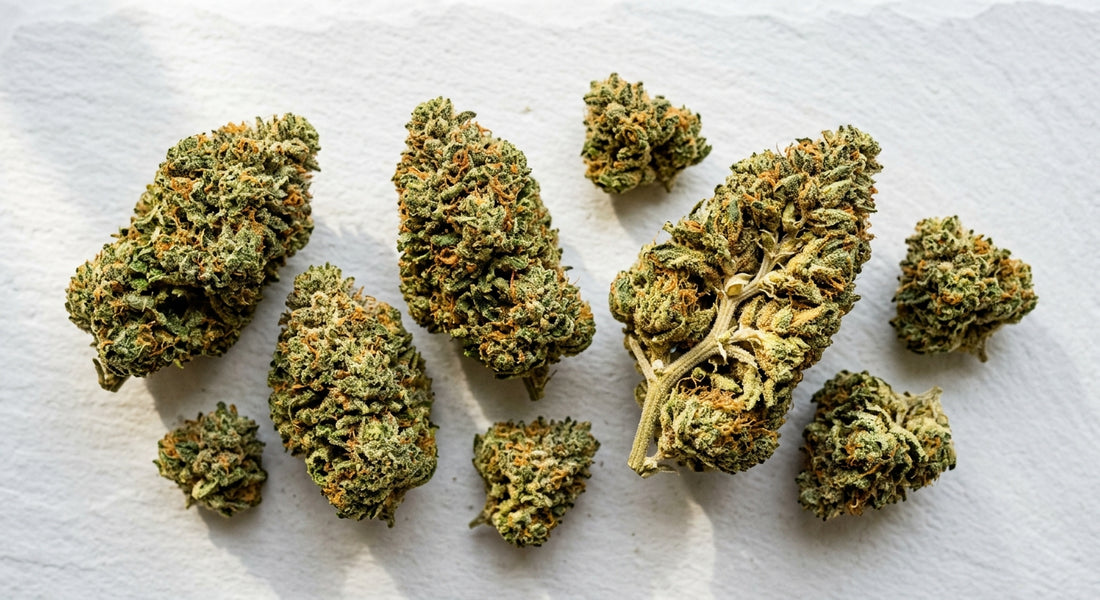 CBD flowers to smoke premium hemp buds flat lay on white surface Hurcann
