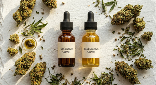 cbd full spectrum vs broad spectrum oil tinctures side by side with hemp flower buds Hurcann