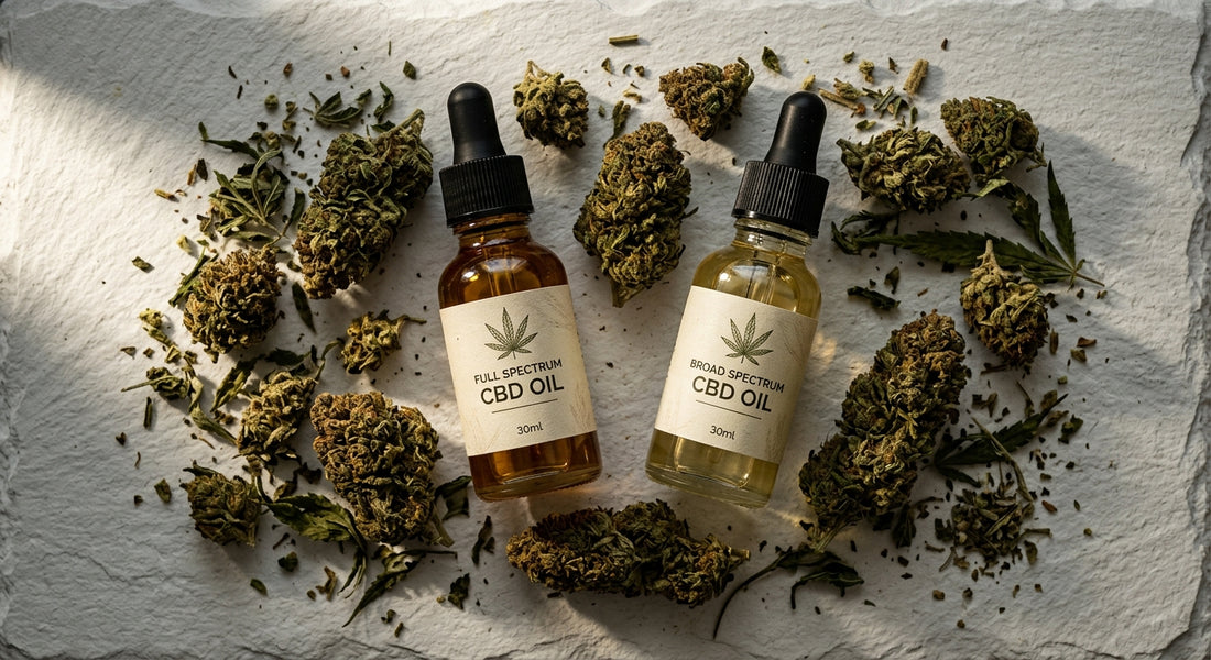 cbd full vs broad spectrum oil bottles with hemp flower buds flat lay comparison Hurcann