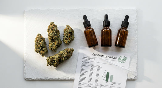 CBD Händler werden 2026 — CBD Blüten und Öle auf weißer Fläche für deutschen Markt