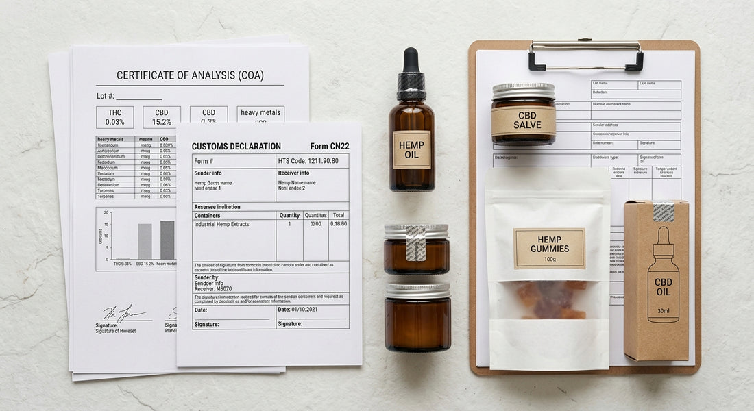 CBD import regulations Germany US hemp compliance documents and products flat lay
