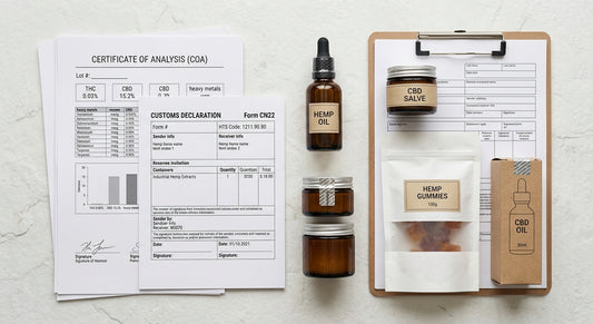 CBD import regulations Germany US hemp compliance documents and products flat lay