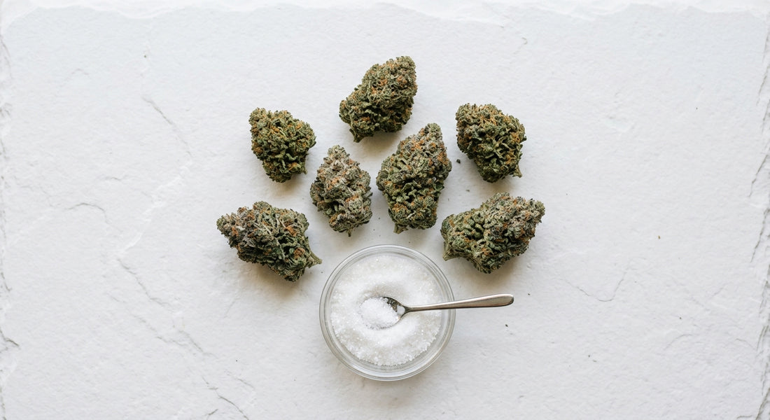 CBD in Italia 2026 cristalli CBD e fiori canapa su superficie bianca